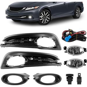 Fog Lights Assembly Compatible with 20132015 Honda Civic Sedan, Front Bumper LED Driving Fog Lamps Kit w/Switch & Wiring Harness (Clear Lens), Replace 33951TR0A51, 33901TR0A51, HO2592135, HO2593135