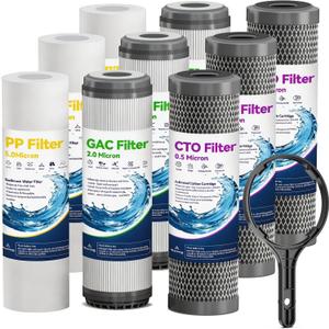 Whole House Water Filter Cartridges 5 Micron 10" x 2.5" PP+GAC+CTO 9 Packs Home Water Filter Replacement Cartridge,Effective Reduces Chlorine Odor,Taste,Water for Healthier Skin,Extra Wrench Supply