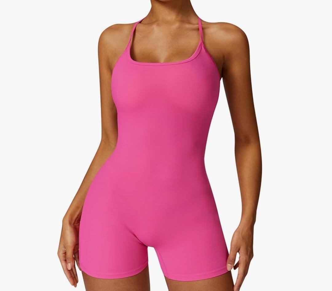 Women's One Piece Jumpsuits Shorts Rompers Sexy Bodysuit Workout Summer Outfits Gym Yoga Shapewear Pink S