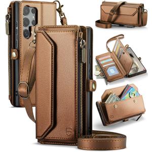 Wallet Case Compatible with Samsung Galaxy S24 Ultra 5G RFID Blocking 10-Card Holder Soft PU Leather Magnetic Snap Strap Zipper Pocket Phone Case Fit for Galaxy S24 Ultra - Brown