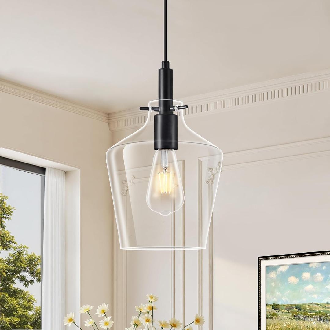 Black Pendant Lights Kitchen Island- 8 Inch Modern Pendant Light Fixtures with Clear Glass,Adjustable Farmhouse Hanging Pendant Lighting for Dining Room, Hallway,1 Pack,E26