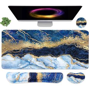 4-in-1 Large Gaming Mouse Pad, Keyboard Wrist Rest Pad & Wrist Support Mousepad Set, Extended Desk Pad Waterproof Desk Mat for Home Office Study Game - Blue Gold Marble