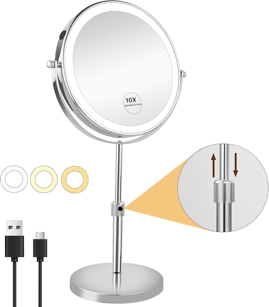 JANEEVA 10X Lighted Makeup Mirror with 3 Lighting Modes, 8" Dimmable Lights Height Adjustable Vanity Mirror with Lights, Rechargeable Double Sided 1X 10X Magnifying Mirror, 360°Rotation,Chrome