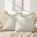 ZWJD Throw Pillow Covers 18x18 Set of 2 Striped Pillow Covers with Fringe Chic Cotton Decorative Pillows Square Cushion Covers for Sofa Couch Bed Living Room Farmhouse Decor (Gray)