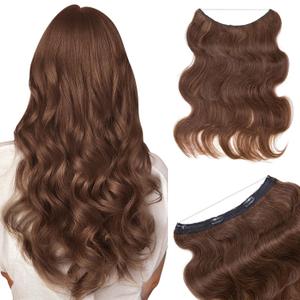 Benehair Halo Hair Extensions Real Human Hair, Brown Halo Hair Extension 100% Human Hair, Wavy Halo Extensions Human Hair, Curly Hair Halo Extensions, Wire Hair Extension, Medium Brown 60g/14Inch