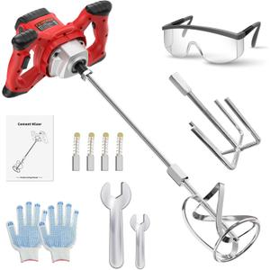 Electric Handheld Cement Mixer, 2pcs Mixing Heads Included, Portable Mortar Mixer with 6 Adjustable Speed, 110V Mud Mixer for Mixing Plaster,Cement, Paint, Fodder