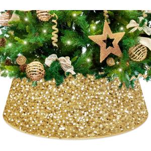 Gold Tree Collar Large Christmas Tree Skirt 28.3 Inch Christmas Tree Rings Sequin Christmas Tree Stand Collar Basket Round Base Cover Velvet Fabric for Artificial Xmas Tree Decoration