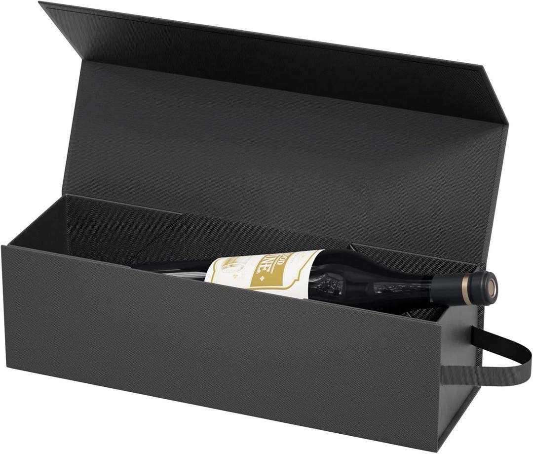 Wine Gift Box 12.8 x 3.8 x 3.8 in,Bottle Gift Box For Liquor Presents,For Wine and Champagne,Magnetic Collapsible Gift Box Wine Bottle Gift Packaging for Weddings,Anniversaries, Parties (Black-01)