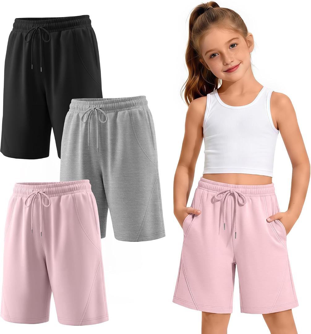3 Pack Girls' Bermuda Long Shorts 5-14Y | Bermuda Shorts, Athletic, Long Short, Drawstring, Sweatshorts Pocket, for Summer, Casual, for Girls, Kids, Teen, 5-14Y