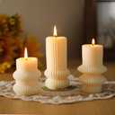 MTLEE 3 Pcs 4.7, 4.2, 3.2 in Height, Small Ribbed Pillar Candles Scented Aesthetic Modern Decorative Soy Wax Candles for Wedding Dinner Christmas Home Decor (Ivory White)