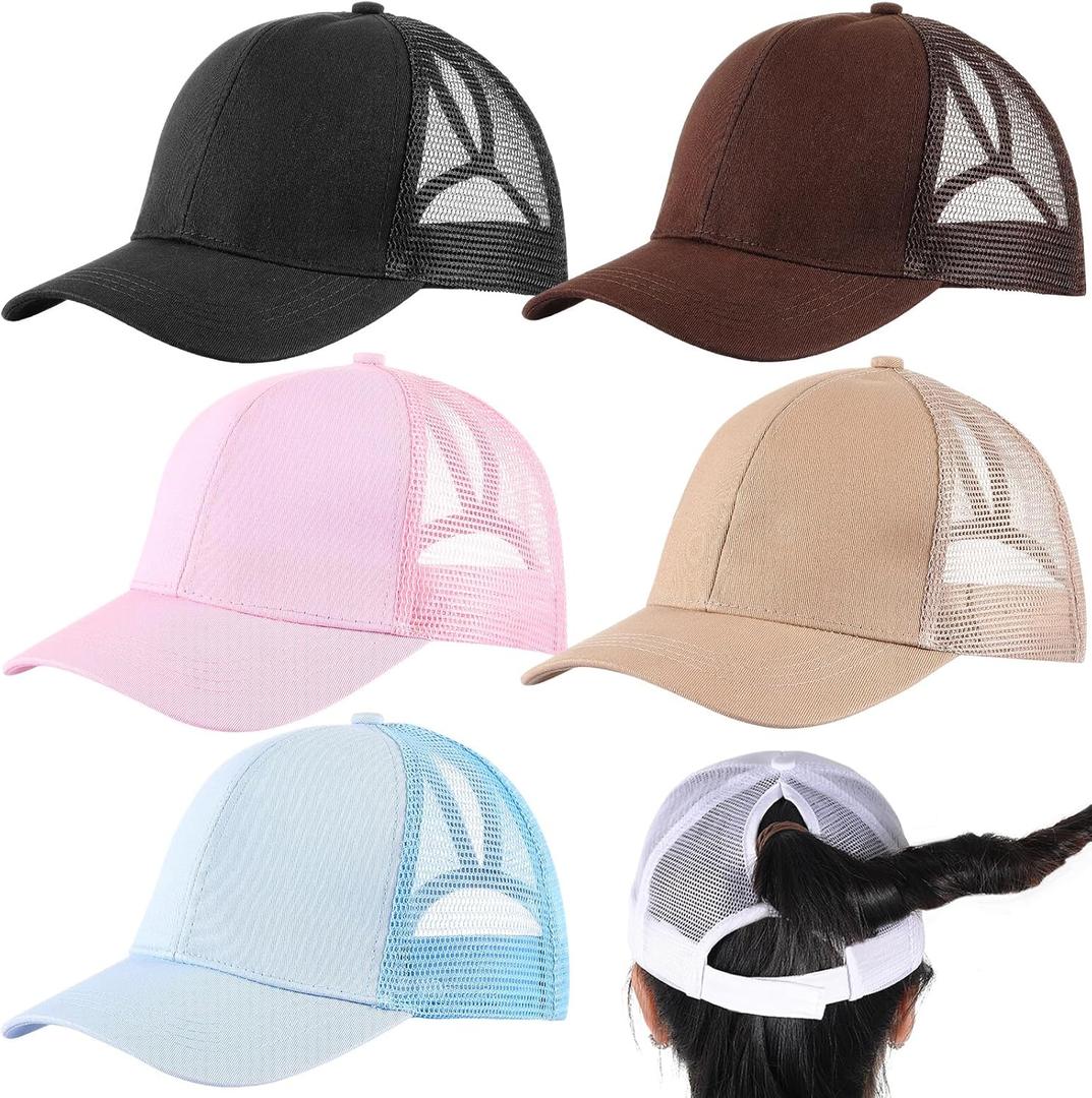 Jecery 6 Pcs Trucker Hats Bulk Ponytail Hats for Women Mesh Baseball Cap with High Bun Adjustable Ponycap for Outdoor Sport Multicolor