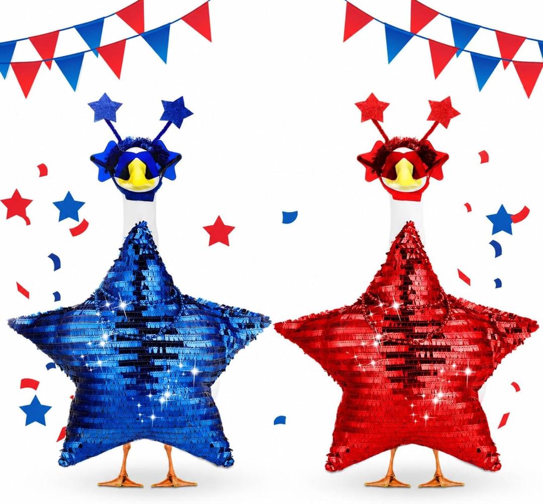 Abbylike 2 Set 4th of July Porch Goose Outfit 250th Red Blue Disco Sequin Star Yard Goose Costume Clothes Fits Large 23'' Cement for Independence Day American Patriotic Statue Patio Garden Art Decor