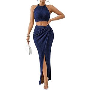 BEAUDRM Women's 2 Pieces Summer Outfits Textured Halter Crop Top and Split Maxi Skirt Set S Going Out Beach Vacation Outfits, Deep Blue, Small
