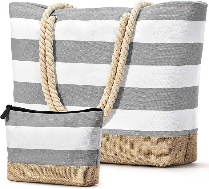 Becokan Beach Bag Initial Beach Tote with Makeup Bag for Travel Work Storage Personalized Birthday Gifts for Women Her Light Grey
