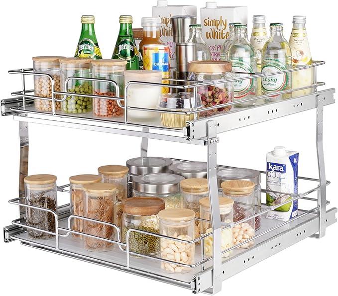 VEVOR 2 Tier 20"Wx21"Dx15"H Pull Out Cabinet Organizer, Heavy Duty Slide Out Pantry Shelves, Chrome-Plated Steel Roll Out Drawers, Sliding Drawer Storage, 21.5"Wx22"Dx18"H Install Size for Cabinet
