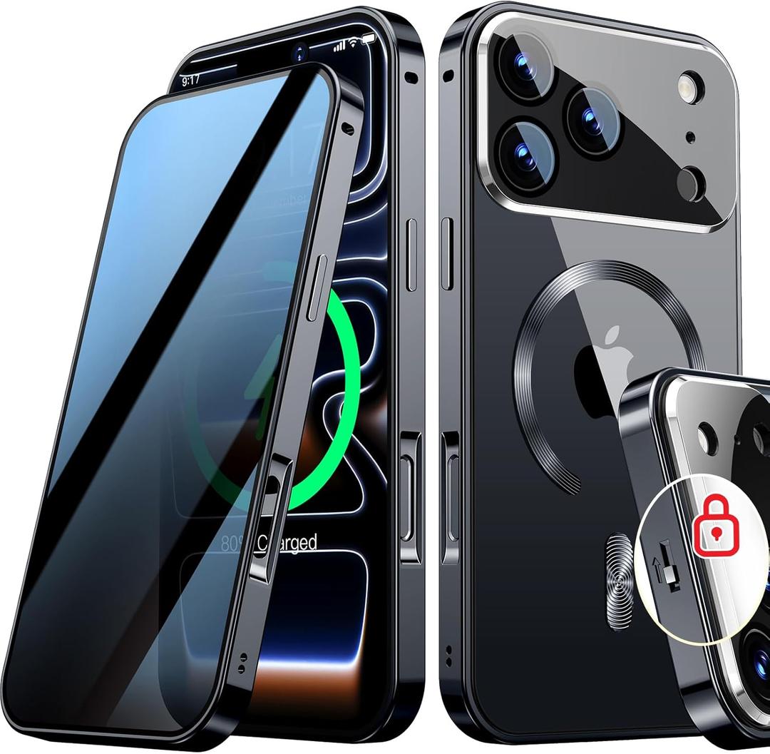 [Full Camera Protection& Mechanical Lock]Magnetic Privacy Case for iPhone 17 Pro Max[Compatible with MagSafe] [CD Metal Ring]Full Body Shockproof Metal Bumper, 9H Anti Peeping Glass Cover-Black
