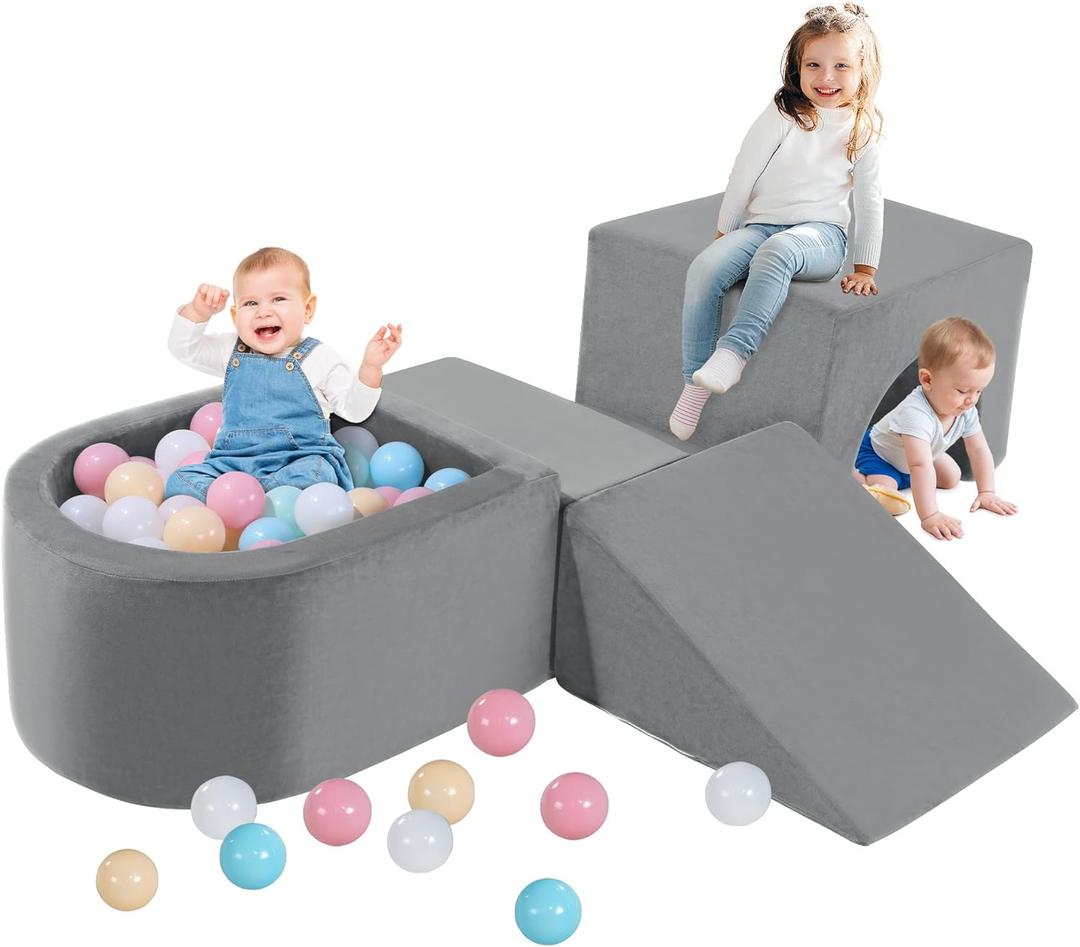 HOMBYS Foam Climbing Blocks for Toddlers with Ball Pit & Tunnel, Luxury Velvet Soft Play Climb and Crawl Activity Playset-Soft Play Set in Door-4 PCS Toddler Climbing Toys, Grey