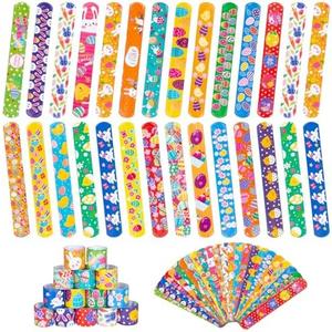 RICEDUO 48 Pieces Easter Day Slap Bracelet for Kids, 24 Styles Colorful Easter Slap Wristbands Bulk for Kids Party Favors Supplies Classroom Prizes Exchange Gifts,Set Of 4