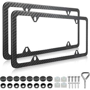 LIN KANG Carbon Fiber License Plate Frames - 2 Pack Black Aluminum Front & Rear Auto Car Tag Holder Covers Printed Carbon Pattern, 4 Hole Gloss Slim Frame with Fasteners and Screw Caps