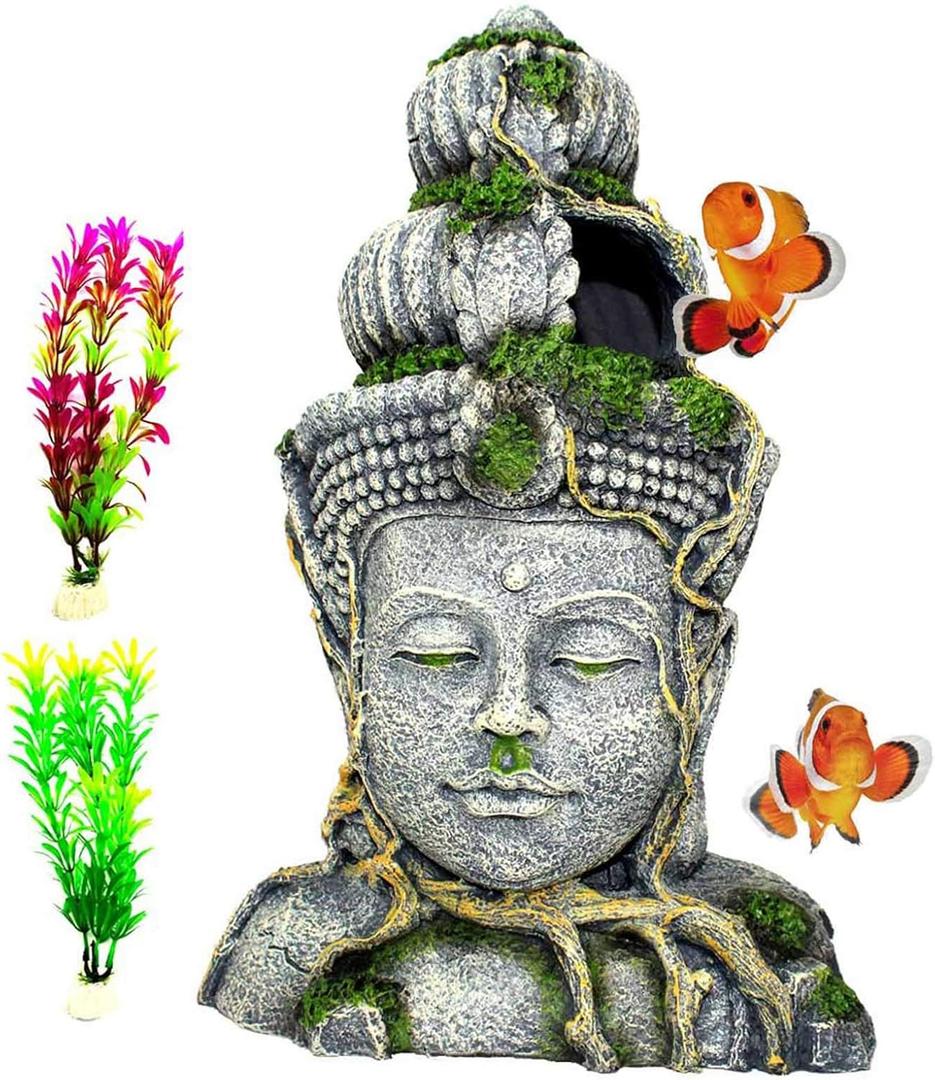 PINVNBY Aquarium Buddha Head Statue Decorations, Fish Tank Resin Large Buddha Sculpture Ornament, Betta Hideout Cave Sleep Rest Play for Small Fish Shrimp Lizard Gecko Small Reptile