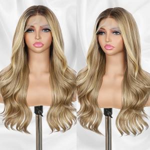Dirty Blonde Lace Front Wig 13x4 Pre Plucked Synthetic Wigs for Women Highlight Omber Blonde Body Wave Heat Resistant Hair 22 Inch for Cosplay Daily Party Use