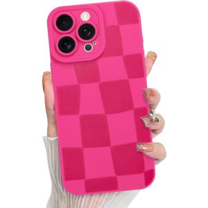 KANGHAR Compatible with iPhone 16 Pro Case, Silicone Checkered Cute Pattern, Camera Protection Soft Slim Phone Case for Girls Women -Hot Pink