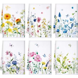 Geyoga 6 Pcs Spring Floral Kitchen Towels Flamingo Dish Hand Towels Sunflower Daisy Flower Wildflower Tea Cloths for Spring Easter Kitchen Bathroom Decor, 16 x 24 Inch(Assorted Color,Colorful Flower)