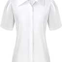 Button Down Shirts for Women Puff Short Sleeve Button Up Dress Shirts Collared Fitted Blouse Work Business Top (Size Large)