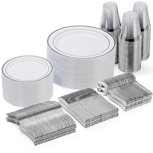 Goodluck 300-Piece Disposable Dinnerware Set for 50 Guests - Silver Plastic Plates, Salad Plates, Cutlery & Cups for Parties & Weddings
