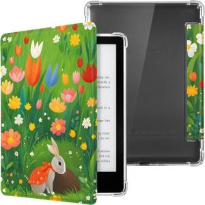 CoBak Case for Kindle Paperwhite (6.8" 11th Generation 2021 Released) & Paperwhite Signature Edition- New PU Leather Cover and Clear Soft Silicone Back Cover with Auto Sleep Wake Feature (B-flower Rabbit)