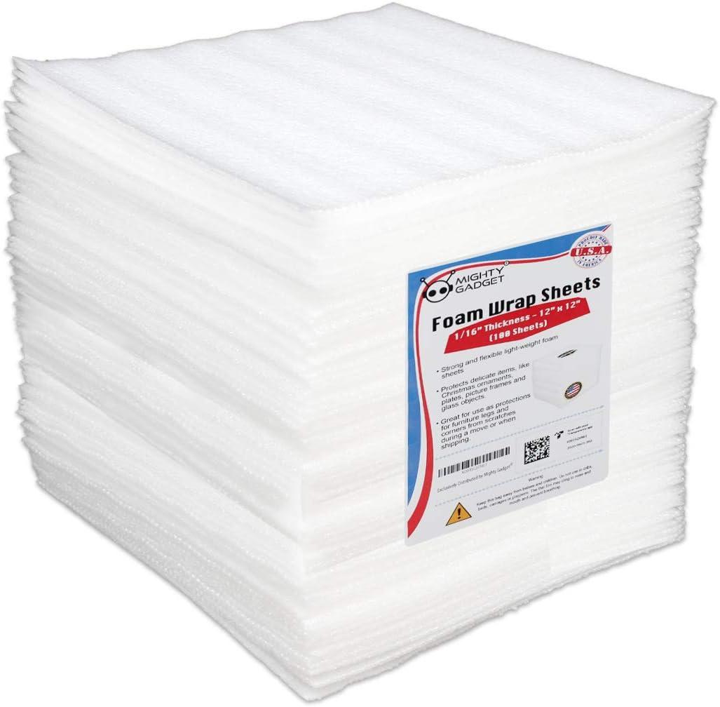 100 Pack Premium Cushioning Foam Wrap Sheets 12x12x1/16" Packing Foam Sheets for Fragile Items and Moving Supplies for Dish Packing