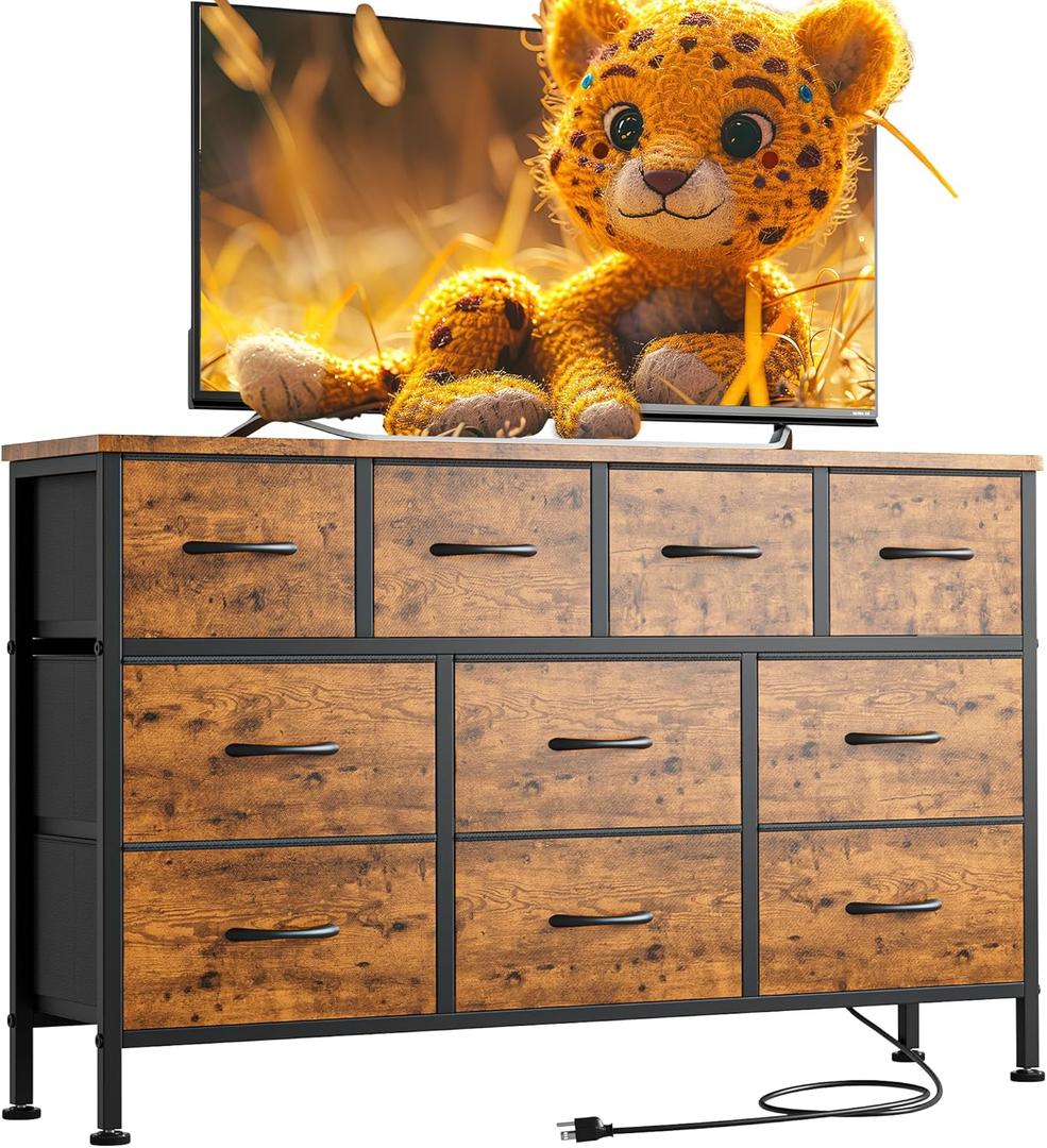 Lulive 10 Drawer Dresser for Bedroom, Dressers TV Stand with Power Outlet, Entertainment Center Bedroom Dresser, Chest of Drawers for 55'' Long TV, Wide Fabric Dresser for Storage and Organization (Rustic Brown)