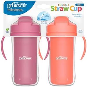 Dr. Brown's Milestones Insulated Sippy Cup with Straw and Handles, Spill-Proof Tumbler with Lid, Pink/Coral, 10 oz/300 mL, BPA-Free, 12m+, 2-Pack