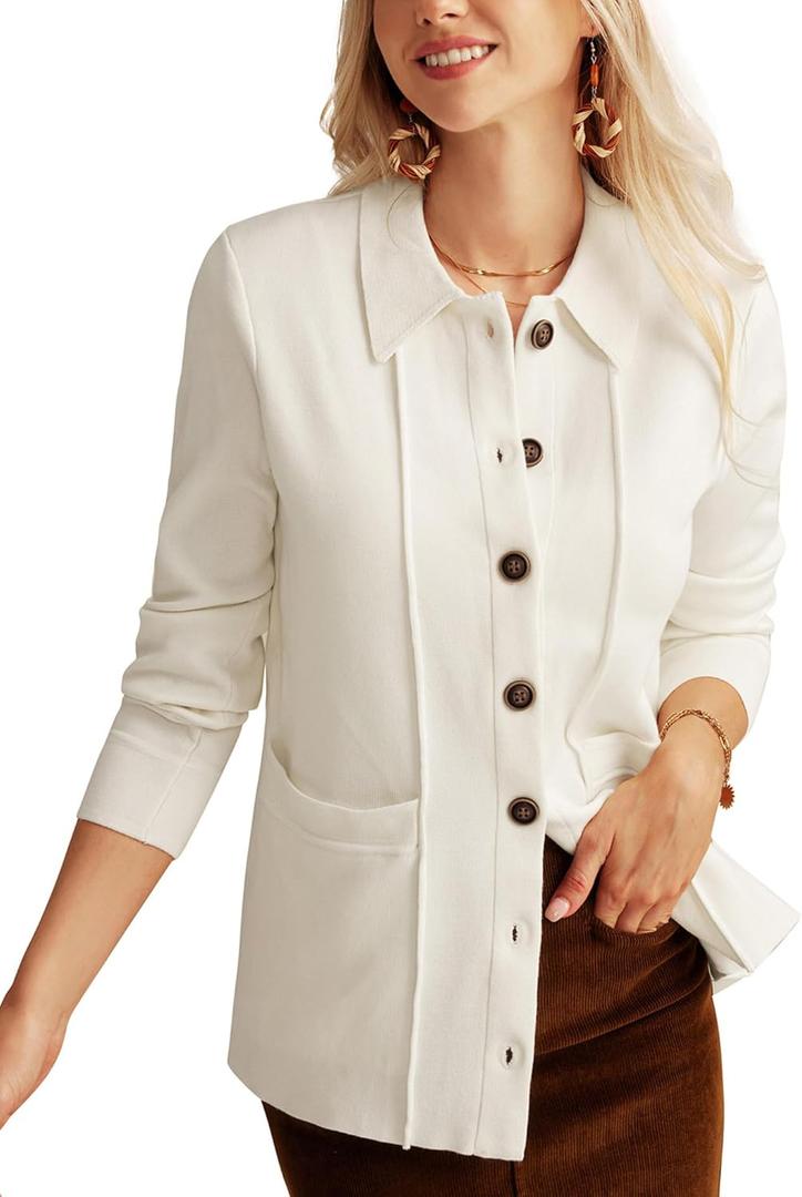GRACE KARIN Women's Long Sleeve Casual Cardigan Work Office Bussiness Shacket with Pocket, White, 2XL