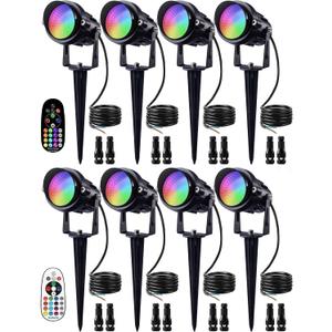 SUNVIE Christmas 12W RGB Color Changing Landscape Lights Low Voltage LED Landscape Lighting Remote Control Spotlight Waterproof Garden Pathway Christmas Decoration Outdoor, 8 Pack with Connector