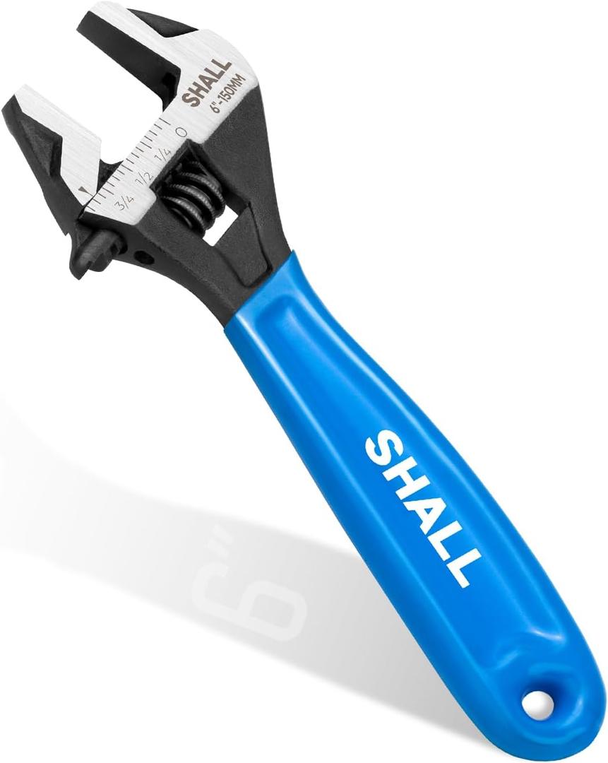SHALL 6 Inch Adjustable Wrench, Cr-V Steel Spanner with Cushion Grip, Wide Jaw Black Oxide Wrench with Laser-etched SAE Scales for Home, Garage, Workshop and DIY