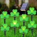 St Patricks Day Decorations Solar Garden Lights Outdoor Waterproof 8 Pack Green Shamrock Three Leaf Lucky Clover Solar Stake Lights 8 Modes for Yard Pathway Party Outside Irish St. Patrick's Day Decor