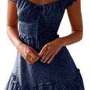 YOBECHO Womens Summer Ruffle Sleeve Sweetheart Neckline Printing Dress Mini Dresses (Small, Navy Blue)