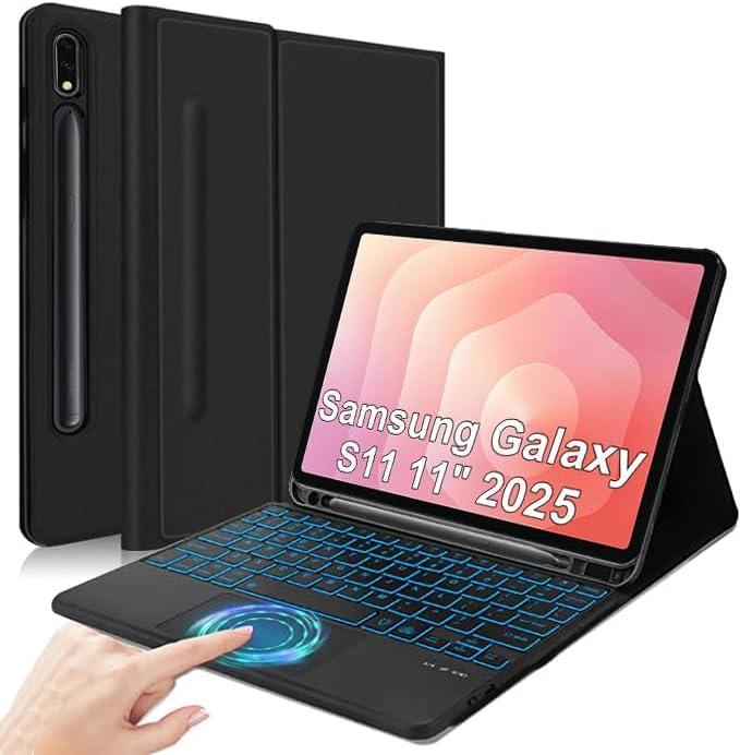 Trackpad Keyboard Case for Galaxy Tab S11 11 inch (SM-X730/SM-X736B), 7 Color Backlit, Magnetic Detachable Wireless Keyboard Leather Cover with S Pen Holder for Galaxy Tab S11 2025, Black
