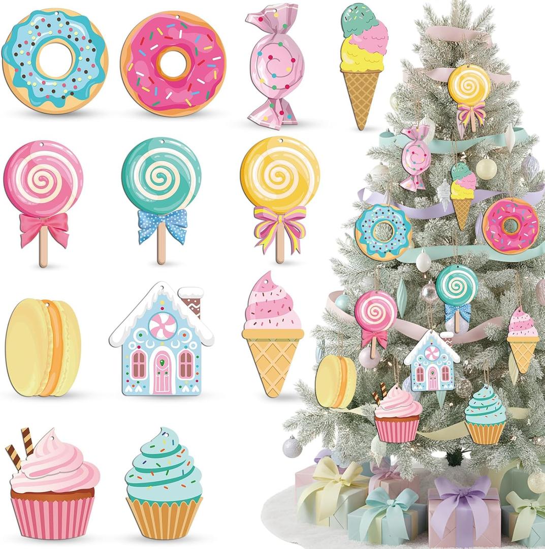 36 Pcs Candy Party Decorations Candyland Hanging Ornament Pastel Candy Lollipop Macron Ice Cream Wooden Ornaments Sweet Hanging Decor for Birthday Festival Party