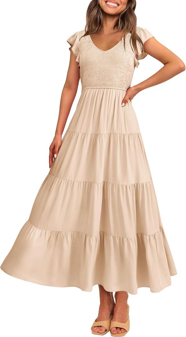 PRETTYGARDEN Women's Summer Flowy Maxi Dress Casual Cap Sleeve V Neck Smocked Beach Sundress (Solid Beige, Small)