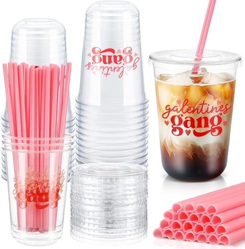 FoldTier 24 Sets Galentines Gang Cups with Lids and Pink Straws 16oz Glantine's Day Disposable Clear Plastic Cups Girl Gang Valentines Day Decorations for Cold Beverage Drinking