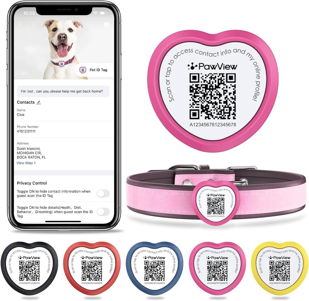 Slide On Dog Tags Personalized for Pets, NFC & QR Code Silent Silicone Cat Tag for Collars & Harnesses - Scan Alert, Instant Location, Pet Profile, APP Control, Heart-Shaped,1 PC (Magenta)