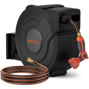 NEOTEC Retractable Garden Hose Reel 1/2 inch x 150ft - Wall Mounted Heavy Duty Hose Reel with 3/4 Inch Brass Fittings & 9-Pattern Nozzle - Auto Rewind System, Any Length Lock, 180° Swivel Bracket