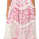 ABYOVRT Women Floral Maxi Dress Spaghetti Straps V Neck Patchwork Flowy Boho Sundress Tiered Long Dresses (Pink, M)