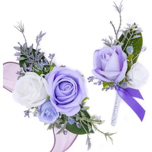 Fnize Purple Corsage and Boutonniere Set for Bride Groom Bridesmaids Groomsmen Wedding Homecoming Flowers Prom Suit Accessories, Rose Boutonniere and Wrist Corsage Flower