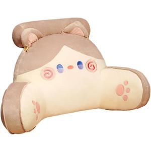 Reading Pillow for Kids/Teens/Adults, Back Pillow for Bed Backrest with Arms, Bed Rest Pillow with Detachable Neck Roll for Sitting in Bed or Couch for Watching TV/Gaming/Relaxing (Medium-25.59*15.75inch, Milk Coffee Bell Cat)