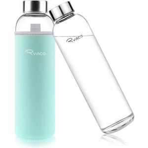 Ryaco Borosilicate Glass Water Bottle 33oz/1L/1000ml BPA-Free Leak Proof Ideal for School Home Office Travel Sport Yoga Gym Hot Cold Drinks with Portable Neoprene Carrying Sleeve and Sponge Brush