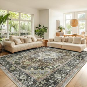8x10 Area Rug Vintage Machine Washable Low Pile Carpet No Shedding Area Rugs for Living Room Bedroom Dining Room Kitchen Entryway Hallway Office Indoor-Dark Green/Brown/Multi