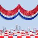 xo, Fetti Red, Silver + Blue Layered Fringe Banner - 6 Ft. | 4th of July Decorations, Western Party Decorations, Patriotic Birthday Party Decor, Cowboy Backdrop, Summer BBQ Sign